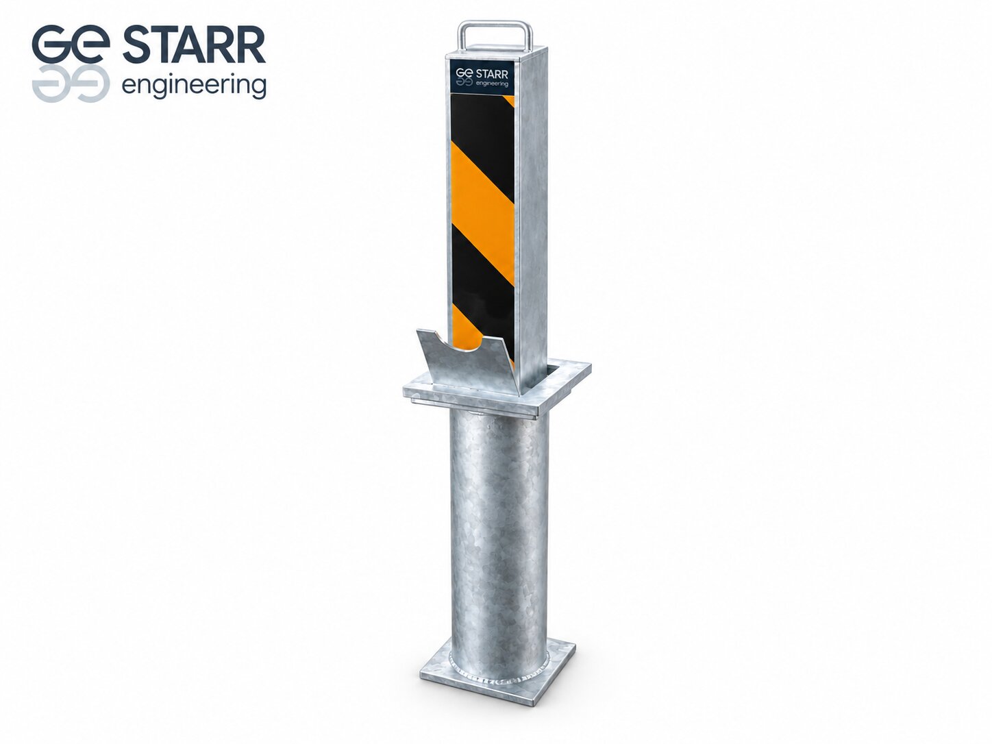 Pull-up driveway security bollard, raised, galvanised with black and amber bands
